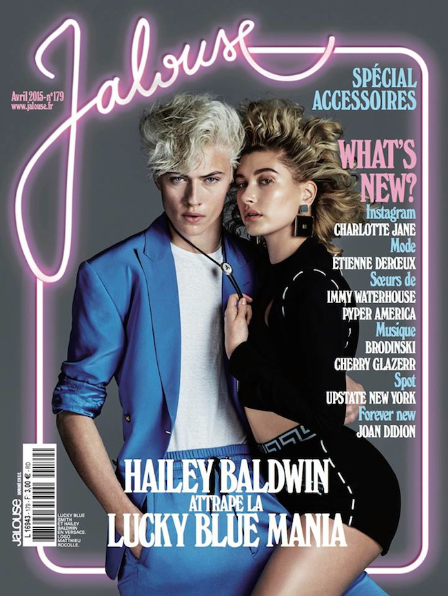 『Jalouse』最新号で、Lucky Blue Smith とカバーを飾った Hailey Baldwin。Images via Jalouse Facebook page