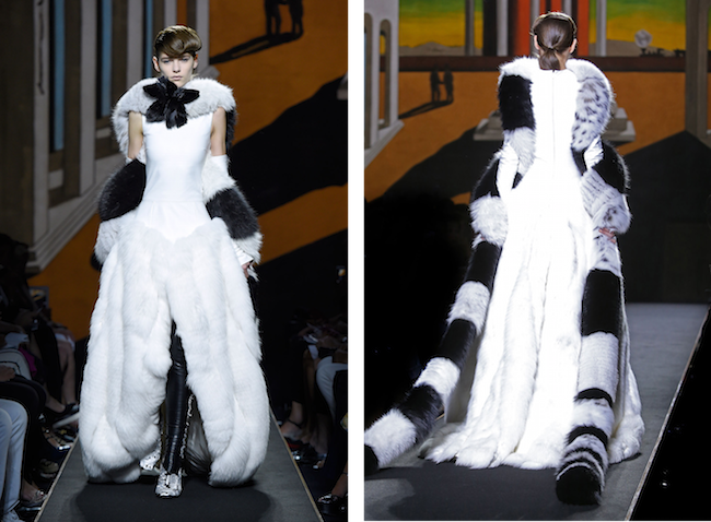 ローブ・ドゥ・マリエ (ウェディングドレス) を思わせるホワイトのドレスには、幾多ものファーを組み合わせたストールを合わせている | © Fendi